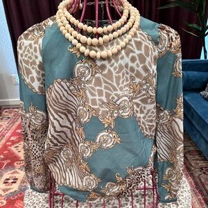 Forever 21 Teal and Beige Patterned Blouse